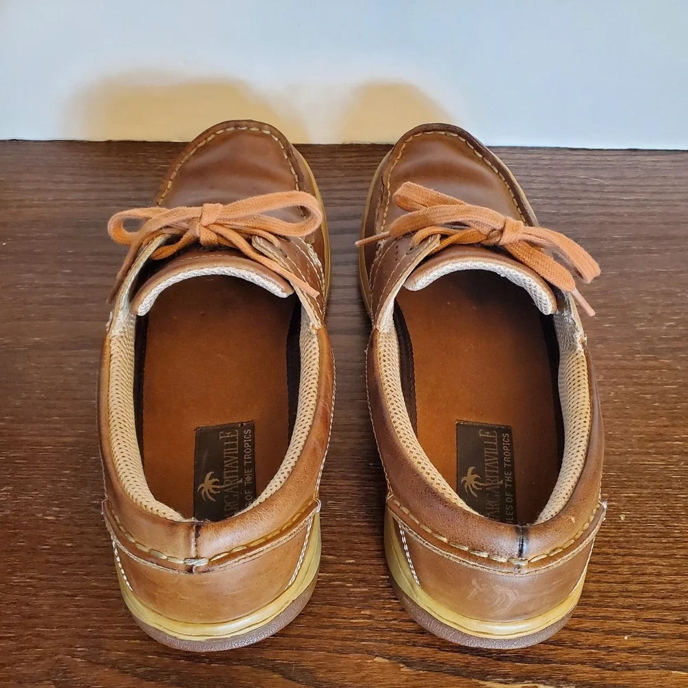 Margaritaville 'DREAMIN' Leather Mens Size 8 Anchor Tan Boat Shoes 2-Eye Loafers